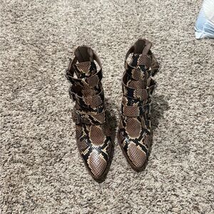 Gianni Bini Brown Snake-Print Pointed Ankle Boots with Buckles